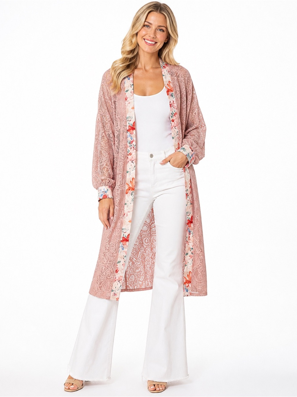 POL Size Small Lace Long Robe Kimono in Blush Pink with Floral Trim